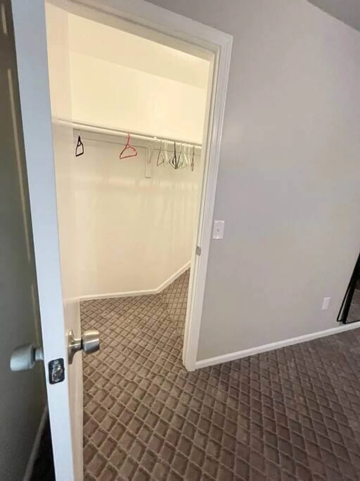 An open closet with hangers and textured carpet, providing a practical glimpse of the home's organized storage space—ideal for stashing day trip gear or outdoor equipment.
